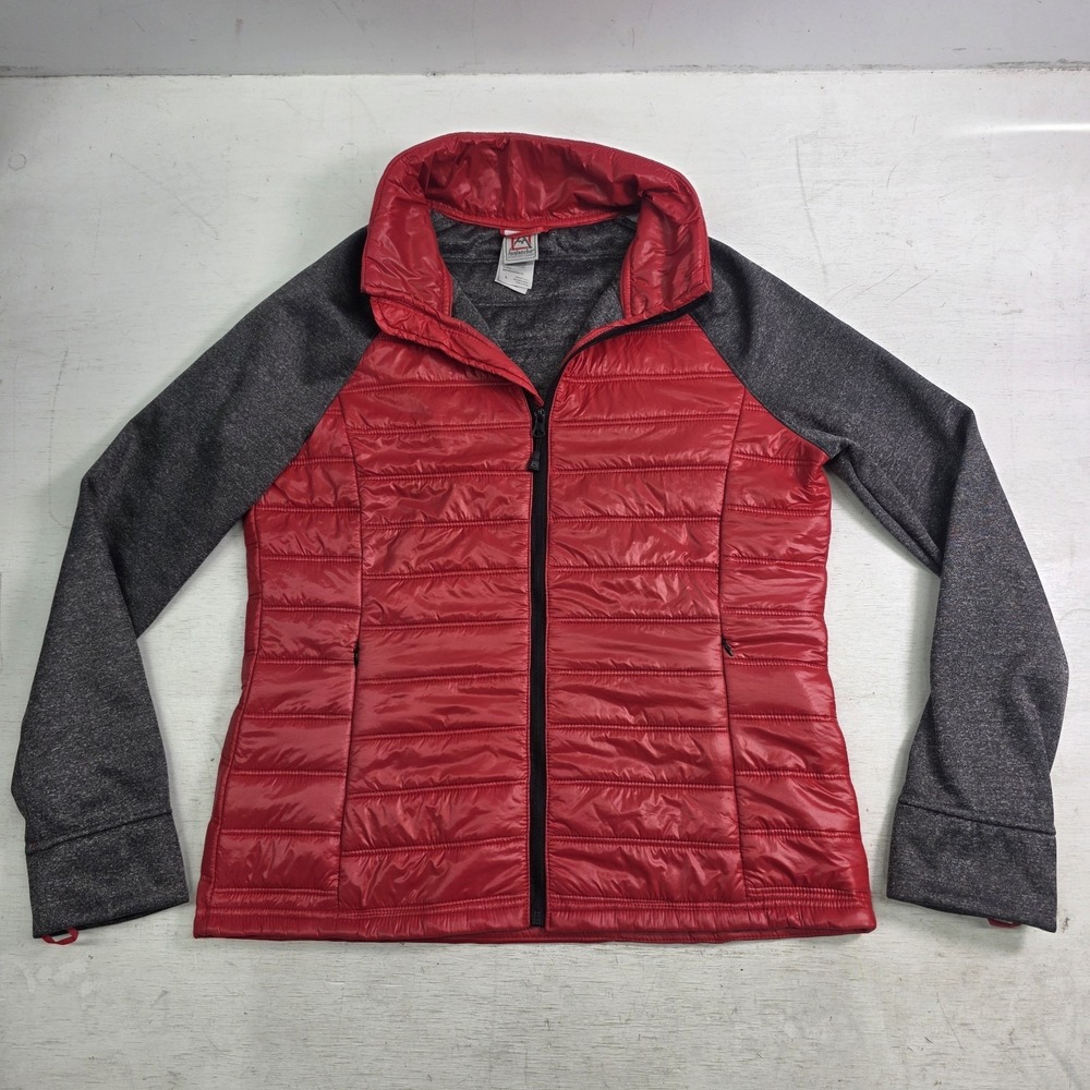 Avalanche Women's Large Red Puffer Jacket Full Zip Quilted Coat Gray Sleeves EUC